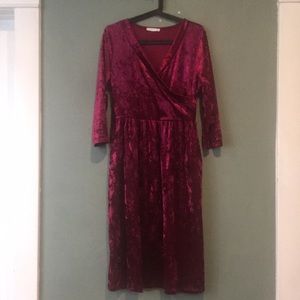 Burgundy Crushed Velvet Dress with 3/4 Sleeves